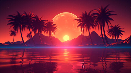 Obraz na płótnie Canvas 3d sunset on the beach. Retro palms sci fi background with ocean. Sun reflection in water. Futuristic landscape 1980s style. Digital landscape cyber surface. 80s party background. Generative AI