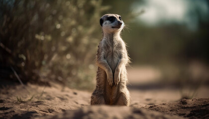 Fototapeta premium Meerkat sitting alert, watching nature beauty in Africa wilderness area generated by AI