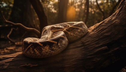 Naklejka premium Yellow viper spirals up tree branch, dangerous and poisonous generated by AI