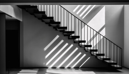 Modern staircase design with metal railing and black and white flooring generated by AI
