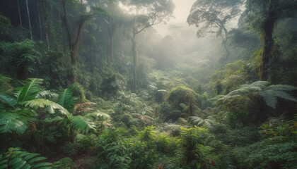 Tropical rainforest mystery wet ferns, dark trees, and spooky fog generated by AI