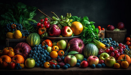 Autumn harvest basket variety of fresh, organic fruits and vegetables generated by AI