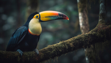Naklejka premium Toucan perching on branch in vibrant tropical rainforest beauty generated by AI