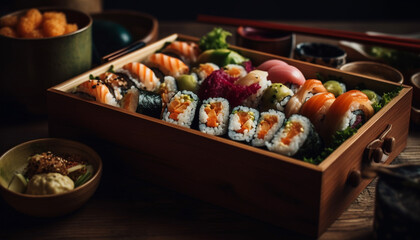 Gourmet seafood meal on wood plate with chopsticks and rice generated by AI