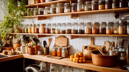 A tidy kitchen with storage solutions for cooking essentials and spices. Generative AI