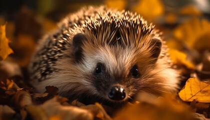 Fototapeta premium Cute hedgehog snout in focus, surrounded by autumn leaves generated by AI