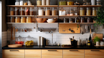 Fototapeta na wymiar A tidy kitchen with storage solutions for cooking essentials and spices. Generative AI