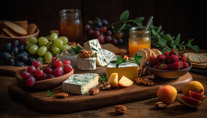 Obraz na płótnie Canvas Fresh organic fruit and gourmet cheese on rustic wooden tray generated by AI