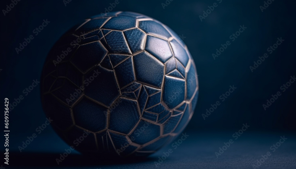 Poster blue metallic sphere on black background with hexagon pattern generated by ai