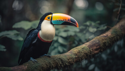 Fototapeta premium Tropical toucan perching on branch, vibrant feathers and beak generated by AI