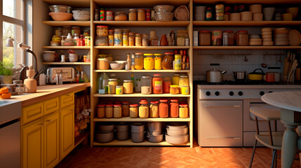 A tidy kitchen with storage solutions for cooking essentials and spices. Generative AI