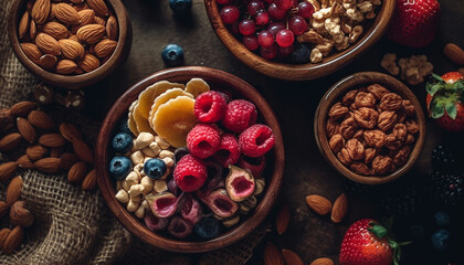 Obraz na płótnie Canvas Organic fruit bowl almond, cashew, pecan, raspberry, blueberry, granola generated by AI