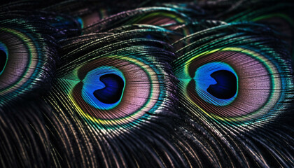 Naklejka premium Vibrant peacock feathers showcase beauty in nature multi colored patterns generated by AI