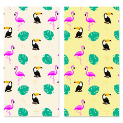 Set of seamless patterns with toucans, flamingos and monstera leaves.