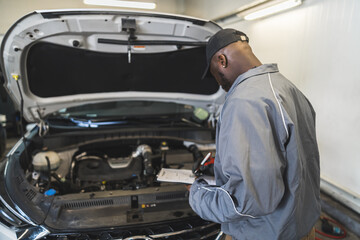Mechanic checking car engine under the open hood at a service shop. High quality photo