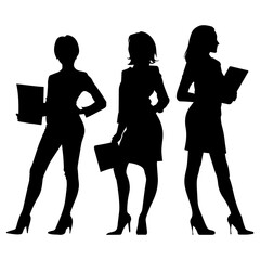 Vector illustration. Silhouette of a woman businesswoman with a folder of documents in her hand. Three colleagues.
