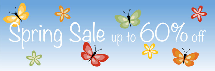 Spring Sale up to 60% off - Schriftzug in englischer Sprache - Frühlingsverkauf bis zu 60% Rabatt. Verkaufsbanner mit einem Himmel voller Blüten und Schmetterlingen.