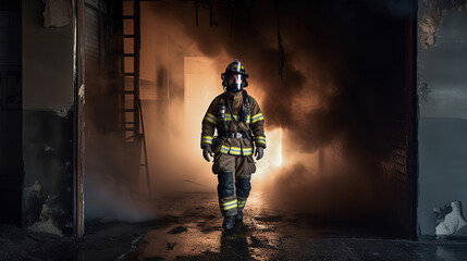 Fototapeta na wymiar Firefighter in front of smoke from a burning house. Generative AI