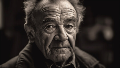 Old man with gray hair looking sad in outdoor portrait generated by AI