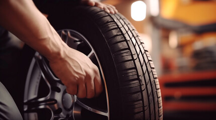 Obraz na płótnie Canvas Close up on a Tire at Repairing Service. Vulcanization. Tire Change or Repair Point. Generative AI