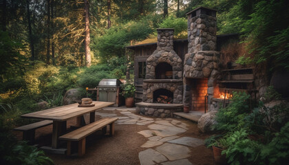 Rustic bench in tranquil forest, surrounded by green foliage generated by AI