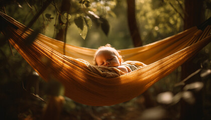 Cute Caucasian baby napping in comfortable hammock outdoors with family generated by AI - obrazy, fototapety, plakaty