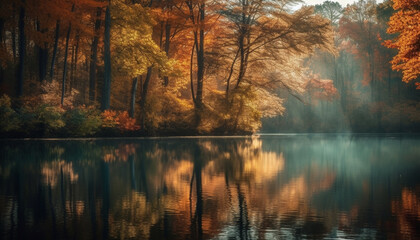 Tranquil autumn forest reflects vibrant colors in tranquil pond generated by AI