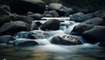Fototapeta premium Flowing water over rocks in tranquil tropical rainforest ravine generated by AI