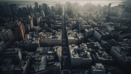 Modern city skyline at dusk, high up, toned monochrome image generated by AI