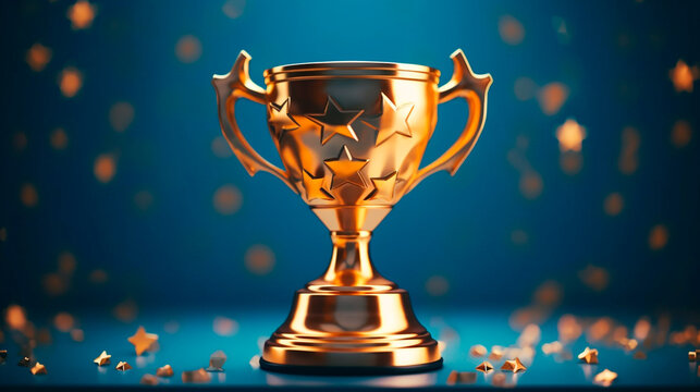 Champion golden trophy with gold stars on blue dark background. Generative AI