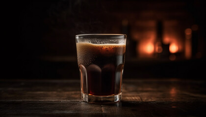 Liquid drop on wood table, freshness of alcohol close up generated by AI