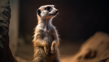 Fototapeta premium Small meerkat standing alert, watching wildlife in Africa natural beauty generated by AI
