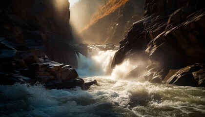 Majestic mountain range, flowing water, spray, sunlight, beauty in nature generated by AI
