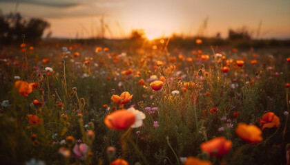 Vibrant wildflower meadow at dusk, a tranquil rural scene generated by AI