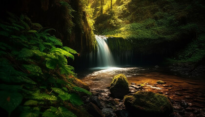 Majestic mountain range, tranquil scene, flowing water, natural beauty generated by AI