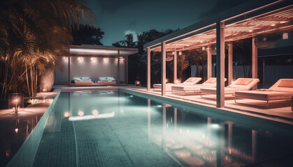 Fototapeta na wymiar Luxury poolside relaxation at modern illuminated hotel bar at dusk generated by AI