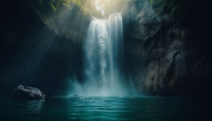 Flowing water falling from cliff, tranquil scene in majestic outdoors generated by AI