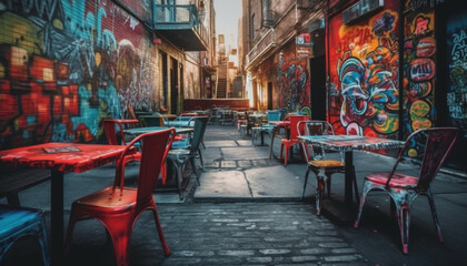 Fototapeta na wymiar Old fashioned coffee shop with multi colored chairs in Chinese cityscape generated by AI