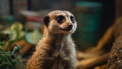 Fototapeta premium Small meerkat looking cute, focus on foreground, animals in the wild generated by AI