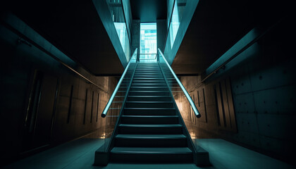 Fototapeta premium Futuristic subway station empty corridor, illuminated stairs, vanishing point perspective generated by AI