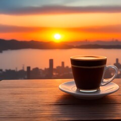 A cup of coffee on the table during the sunset generative  Ai