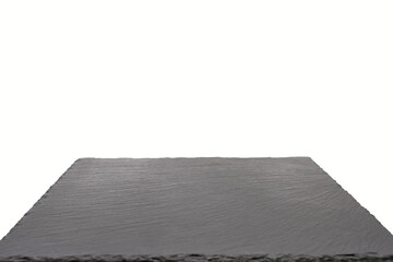Black slate board on a white isolated background. Empty space for text or design image. Slim slate coaster for cooking or restaurant menu. Free space for text