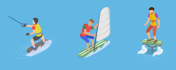 3D Isometric Flat Vector Conceptual Illustration of Extreme Water Sports, Summer Beach Activities