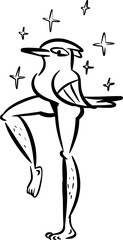 Vector drawing of a bird with long beautiful human legs. Hand drawn, sketch, flat, doodle, black and white, cartoon style, sparkly, adorable, cute, handsome, beak, woodpecker, nature, wild, animal.