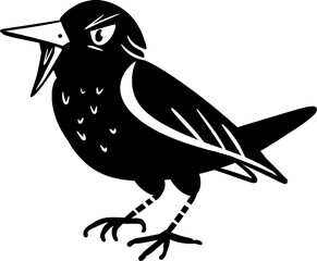 Vector drawing of angry black raven. Sketch, black and white, art, bird, emotion, animal, silhouette, contour, hand drawn, cute, silly, doodle, wild, aggressive, beak, feather, cartoon style, flat.