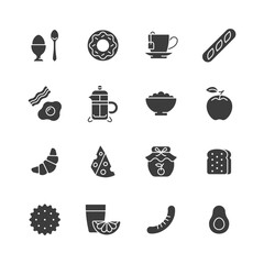 Breakfast glyph icon set. Vector collection symbol with egg, donut, apple, croissant, avocado, tea cup, toast, coffee.