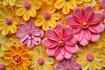 3D yellow and pink flowers layered forms, paper quilting pattern, vibrant colors. AI generative