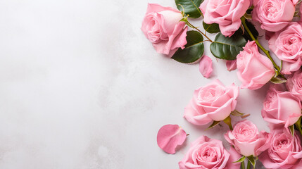 Obraz na płótnie Canvas Decorative web banner. Close up of blooming pink roses flowers and petals isolated on white table background. Floral frame composition. Empty space. Generative AI