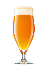 Pokal glass of fresh yellow wheat unfiltered beer with cap of foam isolated. Transparent PNG image.