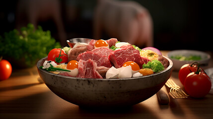 Dog bowl filled with chunks of raw beef surrounded by an egg, large bone and assorted vegetables for a healthy balanced animal diet. Generative AI